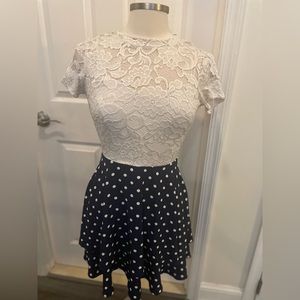 White and blue polka dot with lace dress
